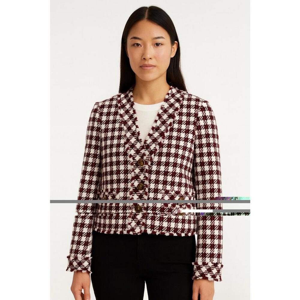 Ann Taylor blazer womens 6 white burgundy check plaid tweed old money business